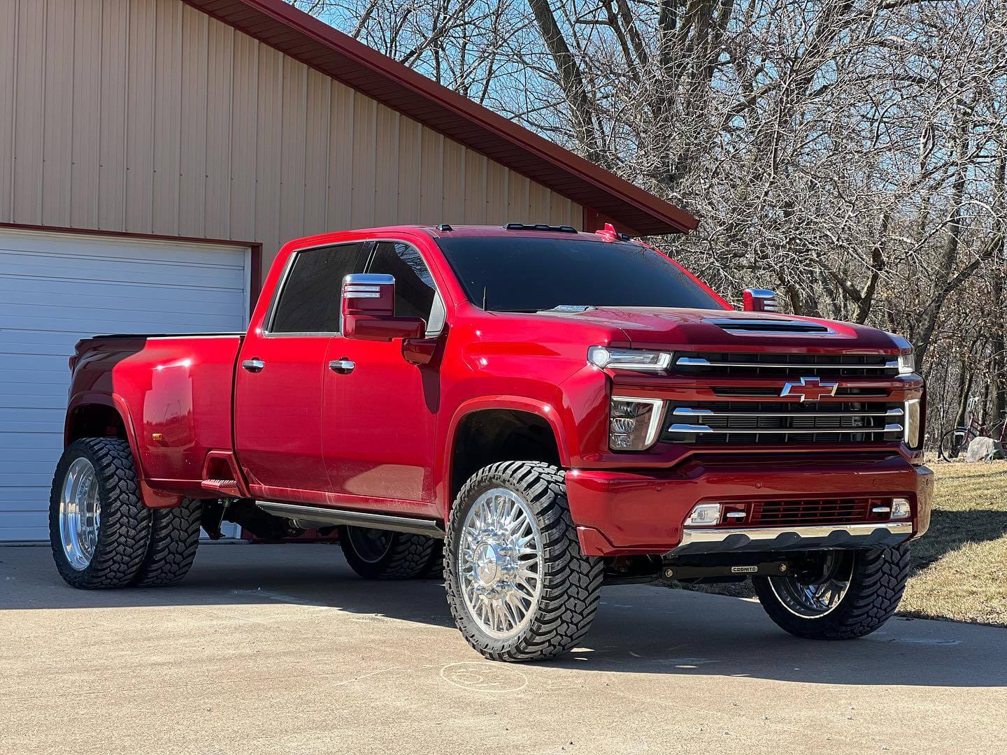 Red truck with new wheels